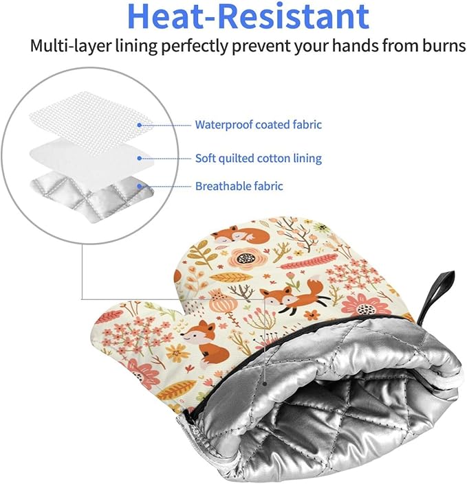 Cute Fox Pattern Oven Mitts of 2-Pack Set, Funny Kitchen Gloves Heat Resistant Non-Slip Kitchen Mitts Safe Cooking Baking Grilling