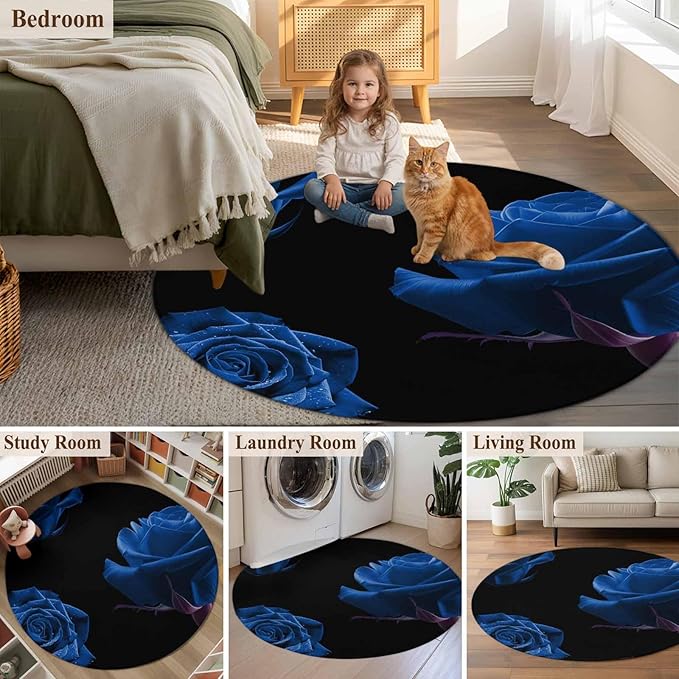 Washable Round Area Rug Abstract Garden Blue Rose Circle Rugs Floor Carpet for Living Room Bedroom, Classic Country Floral Soft Non Slip Round Rug 4ft