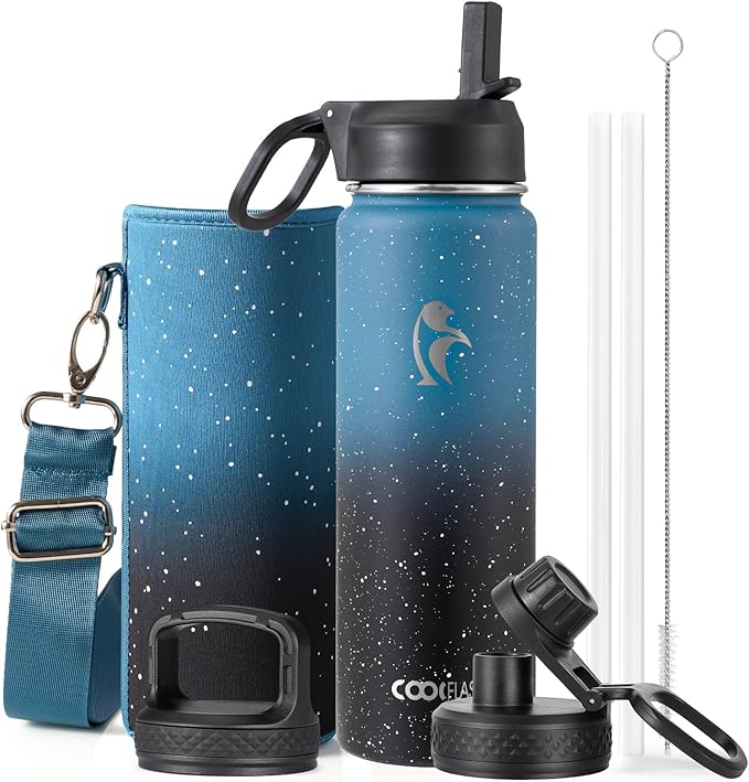 Coolflask Water Bottle 24 oz Insulated with Straw, Stainless Steel Metal 3 Lids Water Flask Wide Mouth for Sports or Office, Non-BPA Keep Cold Up to 48 Hrs or Hot Up to 24 Hrs, Turquoise