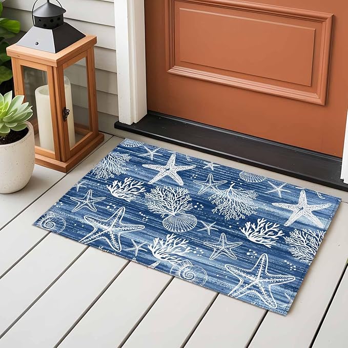 Navy Blue Coastal 2x3 Door Mat Rug, Ocean Coral Starfish Non-Skid Rubber Backing Large Rectangle Rugs - Living Room Bedroom Home Office, Summer Beach Indoor Floor Mat Carpets Washable Rug