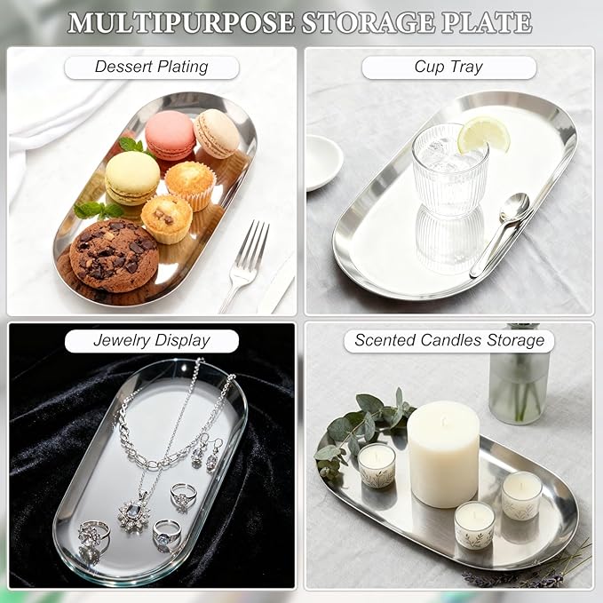 SUTOKAKA Decorative Serving Tray, Manicure Tools Storage Dish, Perfume Jewelry Dinner Placing Plate for Bedroom Kitchen Salon Supplies (Stainless Steel - 2PC, 7.09 * 3.35 * 0.39 Inch)