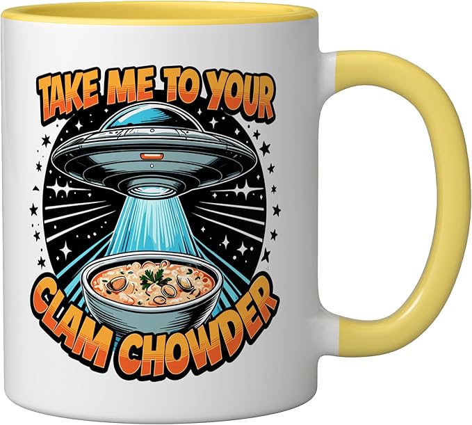 Take Me to Your Clam Chowder UFO Abduction Clam Chowder Ceramic Mug, Yellow/White