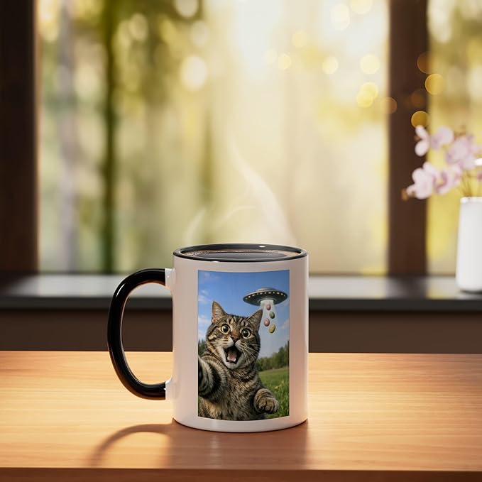 Funny Cat Selfie with Easter Eggs UFO for Men Women Kids Ceramic Mug, Black/White