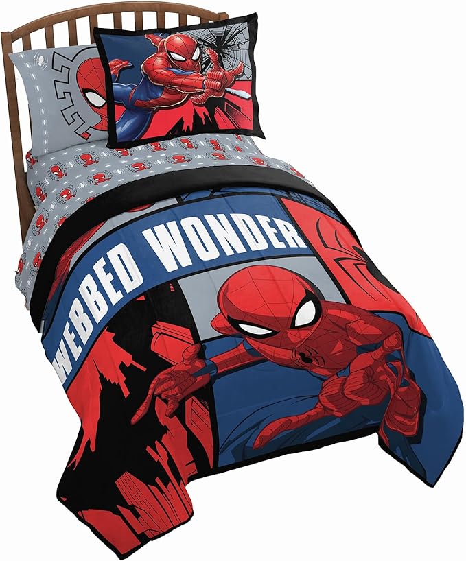 Jay Franco Marvel Spiderman Webbed Wonder 5 Piece Twin Bed Set - Includes Comforter & Sheet Set - Bedding Features Spiderman - Super Soft Fade Resistant Polyester - (Official Marvel Product)