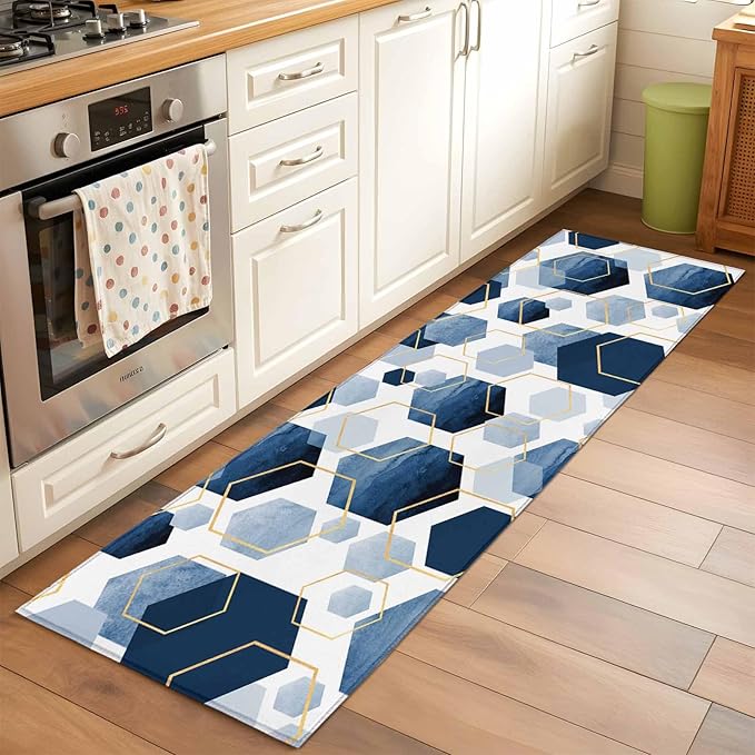 Runner Rug for Bedroom Hallway, Watercolor Blue Hexagon Kitchen Runner Rugs Area Rug 2x6ft, Abstract Geometric Art Washable Soft Floor Carpet for Entryway Stair