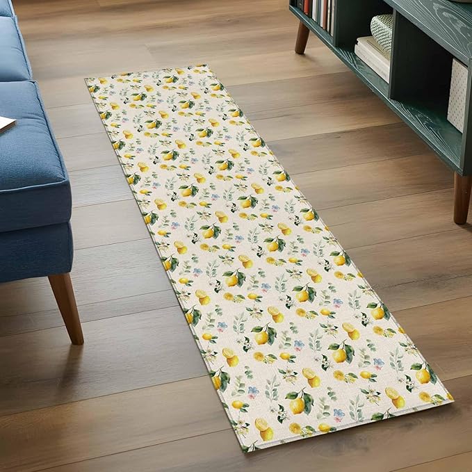 Runner Rug for Bedroom Hallway, Country Lemon Flower Leaf Kitchen Runner Rugs Area Rug 2x6ft, Pastoral Fruit Plant Vintage Linen Washable Soft Floor Carpet for Entryway Stair