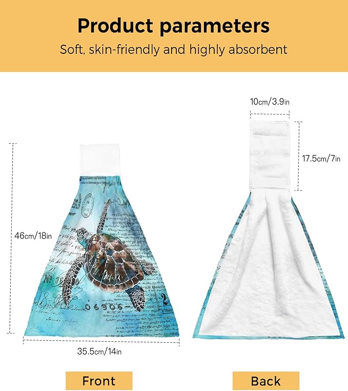 Alandar Home Kitchen Tie Towel Set of 2, Summer Watercolor Ocean Turtle Absorbent Soft Hand Towels for Bathroom Hanging Towels, Retro Stamp Letter Texture on Blue Fast Drying Cleaning Cloth with Loop
