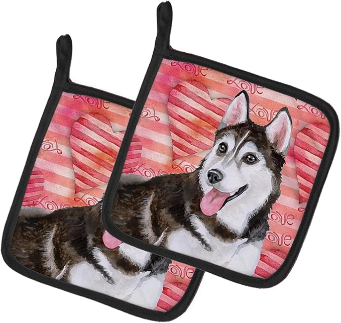 Caroline's Treasures BB9799PTHD Siberian Husky #2 Love Pair of Pot Holders, Red Kitchen Heat Resistant Pot Holders Sets Oven Hot Pads for Cooking Baking BBQ, 7 1/2 x 7 1/2