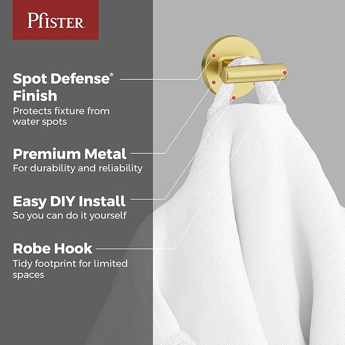 Pfister Capistrano Towel Hook, Bathroom Towel & Robe Hook, Wall-Mounted, Screw-in, Brushed Gold Finish, BRHCSO0BG
