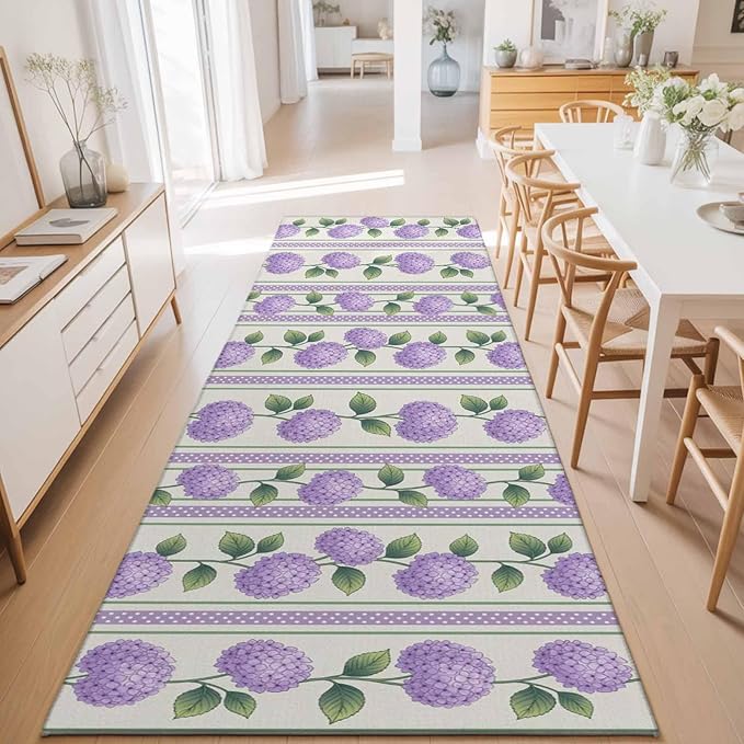 Runner Rug for Bedroom Hallway, Watercolor Hydrangea Flower Kitchen Runner Rugs Area Rug 2x6ft, Spring Floral Leaves on Linen Washable Soft Floor Carpet for Entryway Stair