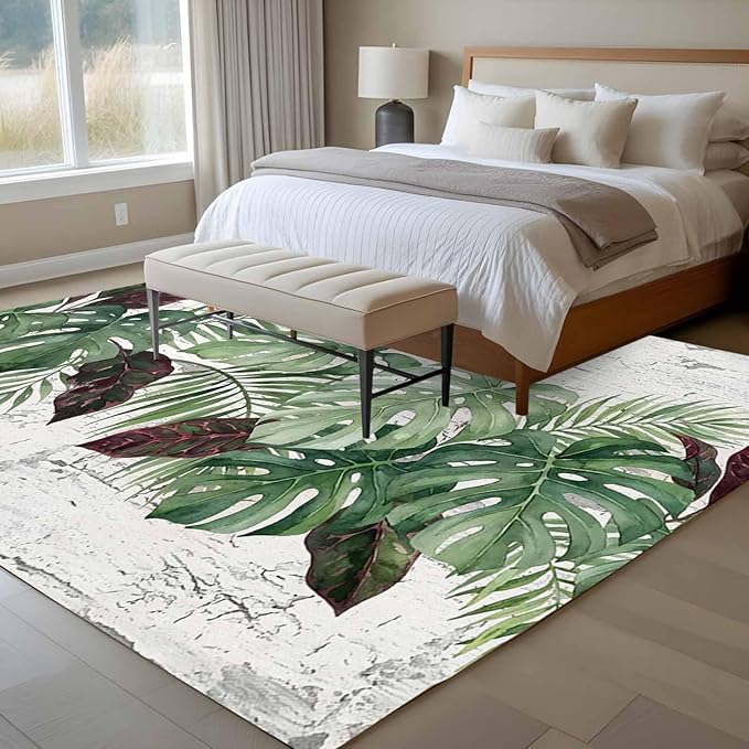Area Rug 9x12ft, Summer Green Monstera Palm Leaves Washable Rugs for Living Room Bedroom Rectangle Floor Carpet, Vintage Botantical Soft Non-Slip Area Rugs for Dining Room