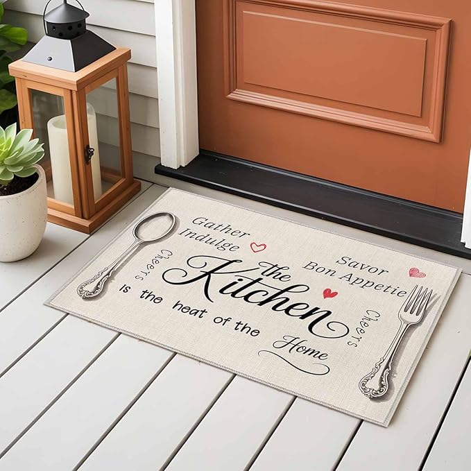 Area Rug 2x3ft, Spoon Fork Vintage Farmhouse Washable Rugs for Living Room Bedroom, Abstract Love Retro Linen Soft Non-Slip Area Rugs Rectangle Floor Carpet for Dining Room