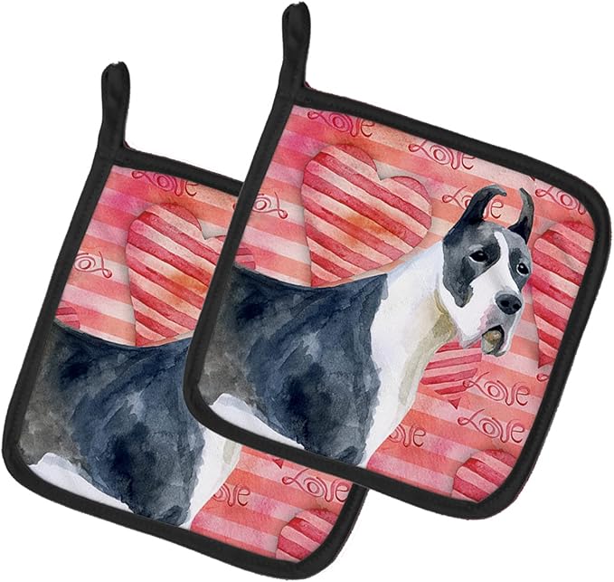Caroline's Treasures BB9730PTHD Harlequin Great Dane Love Pair of Pot Holders, Red Kitchen Heat Resistant Pot Holders Sets Oven Hot Pads for Cooking Baking BBQ, 7 1/2 x 7 1/2