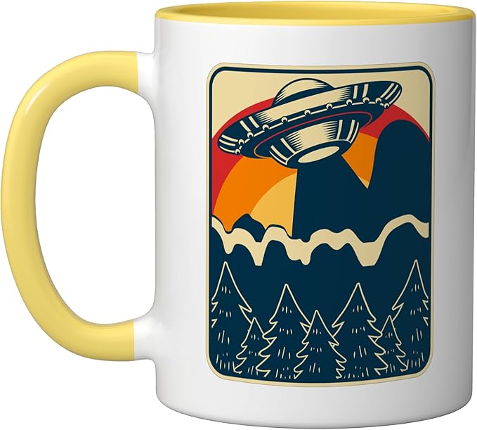 Ufo Alien Vintage Retro Ceramic Mug, Yellow/White