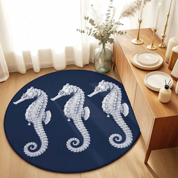 Washable Round Area Rug Ocean Life Seahorse Navy Blue Circle Rugs Floor Carpet for Living Room Bedroom, Summer Nautical Theme Soft Non Slip Round Rug 5ft