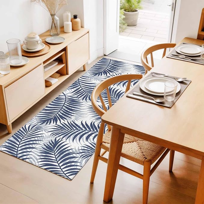Runner Rug for Bedroom Hallway, Abstract Navy Blue Palms Leaves Kitchen Runner Rugs Area Rug 2x6ft, Summer Botantical Washable Soft Floor Carpet for Entryway Stair
