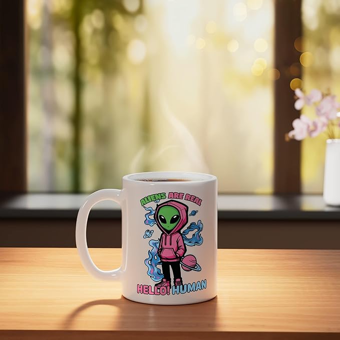 Aliens Are Real UFO Flying Saucer Grey Alien Sci-Fi Art Ceramic Mug, White