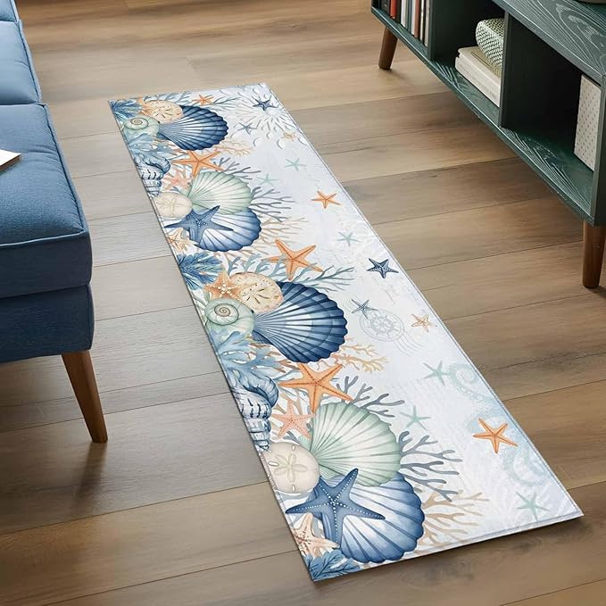 Runner Rug for Bedroom Hallway, Underwater Shells Starfish on Blue Kitchen Runner Rugs Area Rug 2x6ft, Colorful Coral Washable Soft Floor Carpet for Entryway Stair