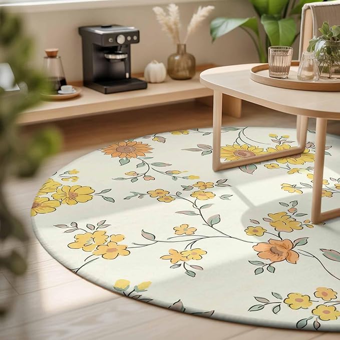Washable Round Area Rug Orange Yellow Flowers Wild Vines Circle Rugs Floor Carpet for Living Room Bedroom, Watercolor Floral Soft Non Slip Round Rug 3ft