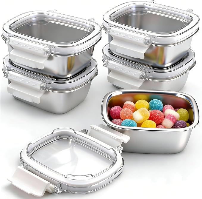 Stainless Steel Small Container with Lid - 5 Piece 8.5oz Reusable Stainless Steel Snack Containers, Leakproof Freezer Safe Metal Bento Box Fit for Portioning Snacks, Dips, and Condiments