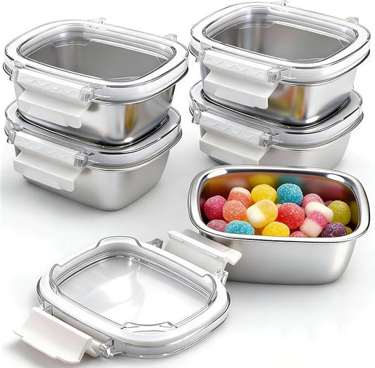 Stainless Steel Small Container with Lid - 5 Piece 8.5oz Reusable Stainless Steel Snack Containers, Leakproof Freezer Safe Metal Bento Box Fit for Portioning Snacks, Dips, and Condiments