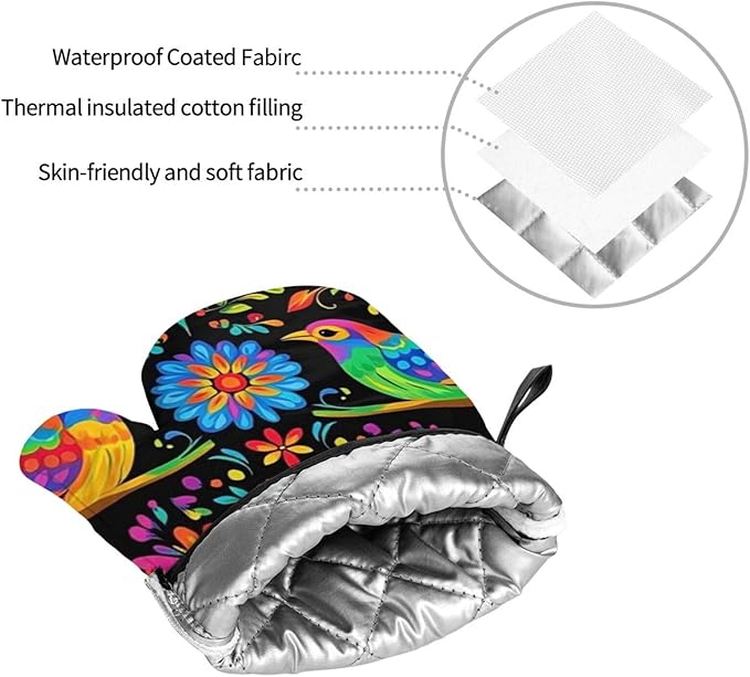4 Pcs Mexican Flower Oven Mitts and Potholders,Kitchen Oven Glove with Pot Holders,Non-Slip Gloves High Heat Resistant 500 Degree for BBQ, Grill, Baking, Cooking, Oven, Microwave