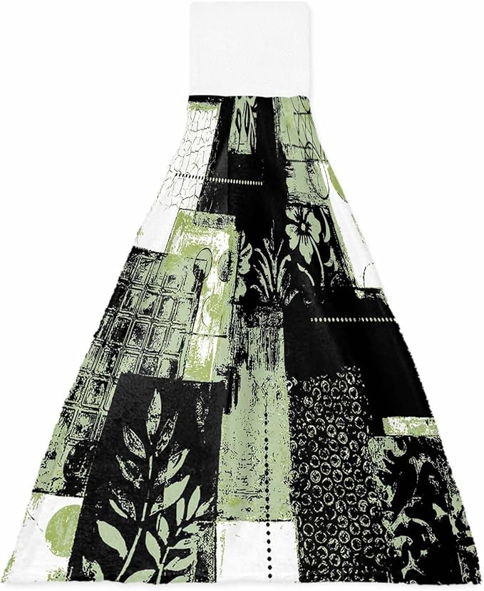 Alandar Home Kitchen Tie Towel Set of 1, Boho Abstract Geometric Texture Absorbent Soft Hand Towels for Bathroom Hanging Towels, Summer Leaves Black Green Fast Drying Cleaning Cloth with Loop