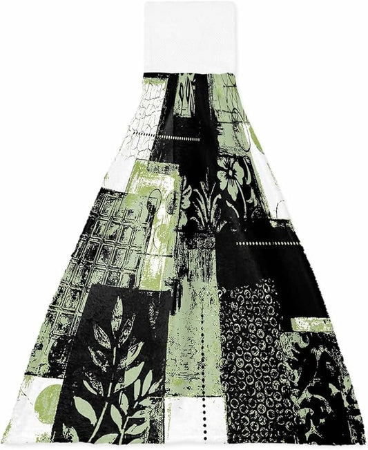 Alandar Home Kitchen Tie Towel Set of 1, Boho Abstract Geometric Texture Absorbent Soft Hand Towels for Bathroom Hanging Towels, Summer Leaves Black Green Fast Drying Cleaning Cloth with Loop