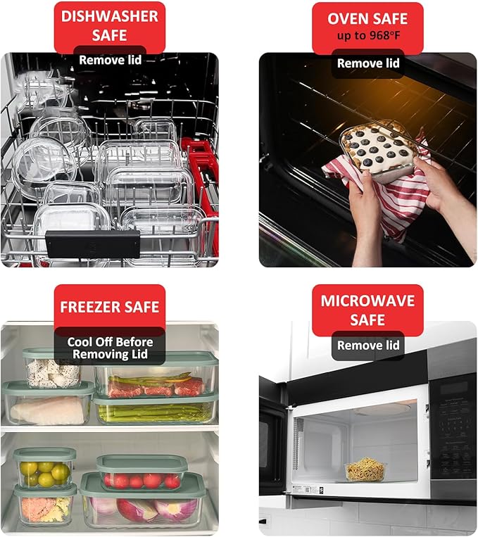 EATEX 6 Pack Glass Meal Prep Containers with Grooved Base, 6 Stackable BPA Free Glass Storage Containers with Lids for Lunch, Pantry, and Kitchen - Microwave, Dishwasher Freezer & Oven Safe - Sage
