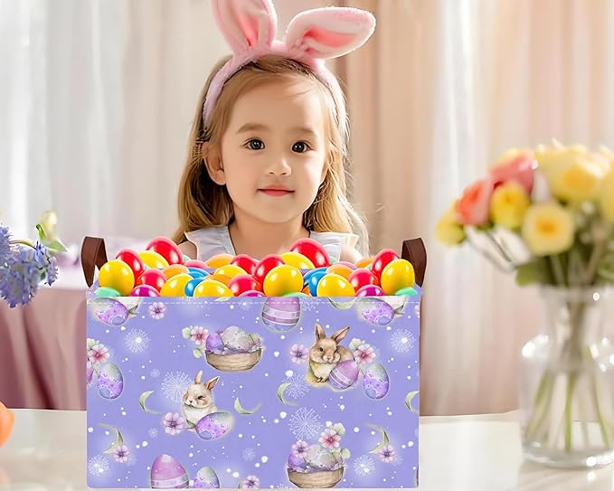 Large Rectangular Easter Baskets Empty Waterproof Boy Toy Box Foldable Kid's Gifts Storage Bin Spring Room Decor(Purple Fireworks Rabbit Egg)