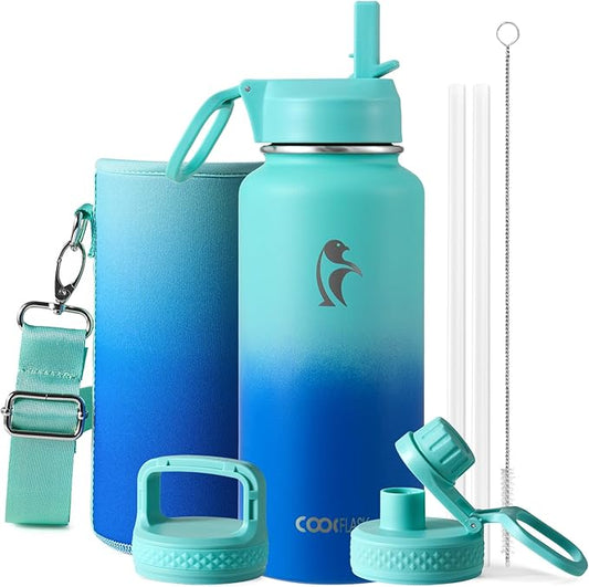 Coolflask Water Bottle 32 oz Insulated with Straw, Stainless Steel Metal 3 Lids Water Flask Wide Mouth for Sports or Office, Non-BPA Keep Cold Up to 48 Hrs or Hot Up to 24 Hrs, Pacific Prince