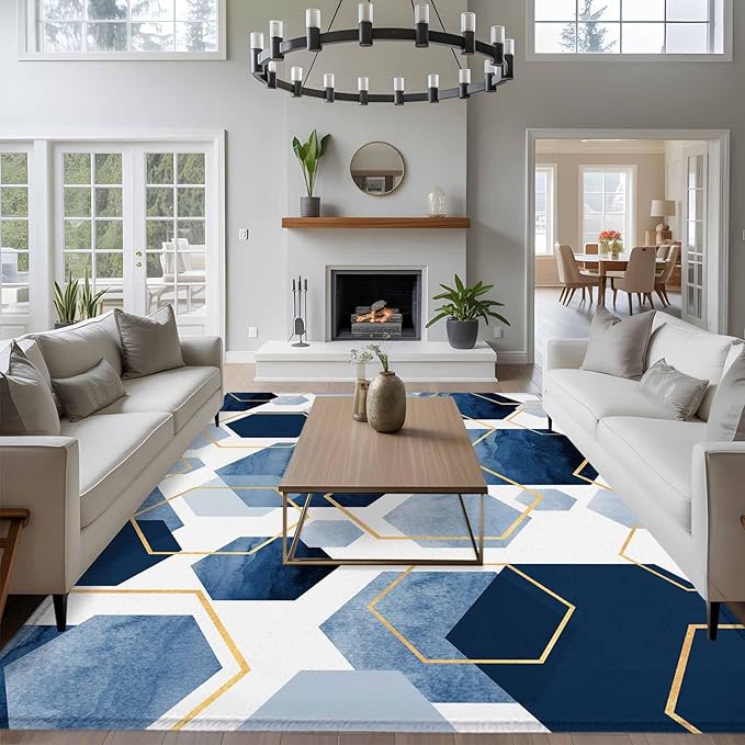 Area Rug 6x9ft, Watercolor Blue Hexagon Washable Rugs for Living Room Bedroom, Abstract Geometric Art Soft Non-Slip Area Rugs Rectangle Floor Carpet for Dining Room