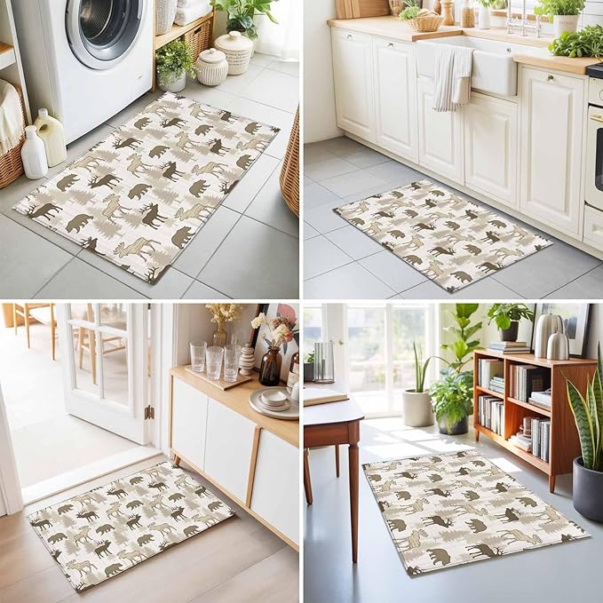 Area Rug 2x3ft, Animal Moose Bears Washable Rugs for Living Room Bedroom, Retro Rustic Pine Trees Soft Non-Slip Area Rugs Rectangle Floor Carpet for Dining Room