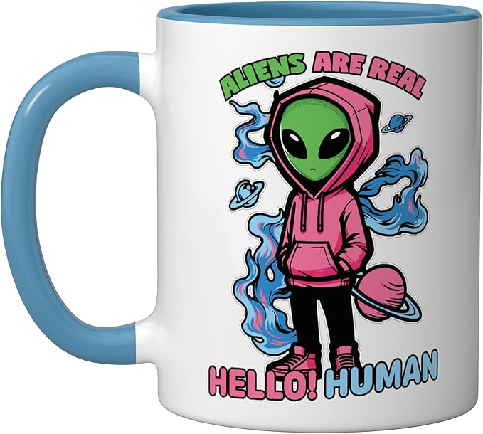 Aliens Are Real UFO Flying Saucer Grey Alien Sci-Fi Art Ceramic Mug, Blue/White