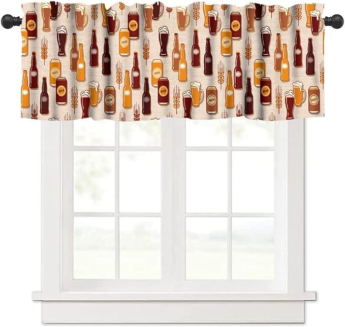 Retro Beer Curtain Valance, Brown Beer Wheat Bottle Print Decorative Short Rod Pocket Window Treatment for Kitchen Dining Bedroom Living Room, 54x18Inch
