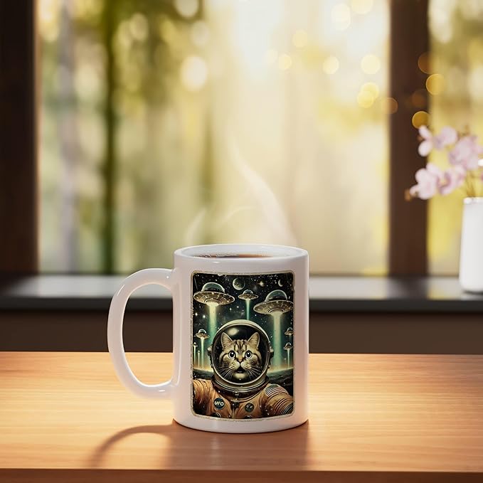 Space Cat Astronaut Funny UFO Sci-fi Alien Selfie Ceramic Mug, White