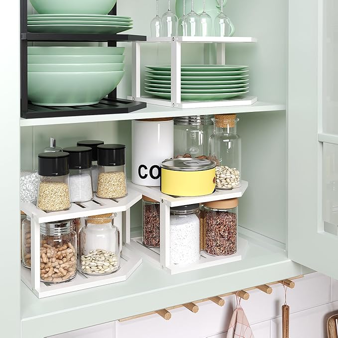 VERTORGAN Bamboo Corner Shelf(3 Pack),2 Tier Plate Organizer for Cabinet and Countertop,Pantry Dish and Spice Rack for Kitchen(White)