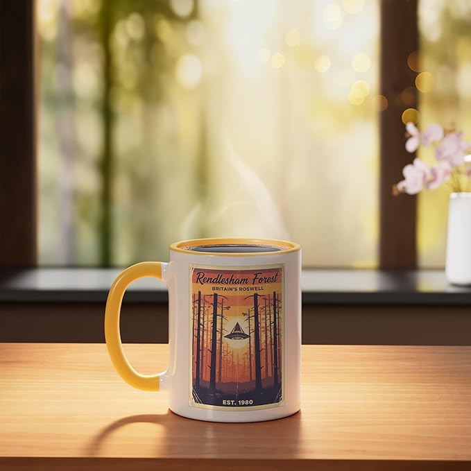 Rendlesham Forest UFO Alien Vintage UK Flying Saucer Ceramic Mug, Yellow/White