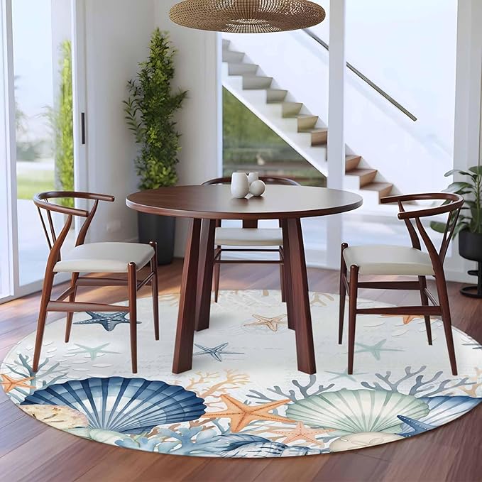 Washable Round Area Rug Underwater Shells Starfish on Blue Circle Rugs Floor Carpet for Living Room Bedroom, Colorful Coral Soft Non Slip Round Rug 5ft