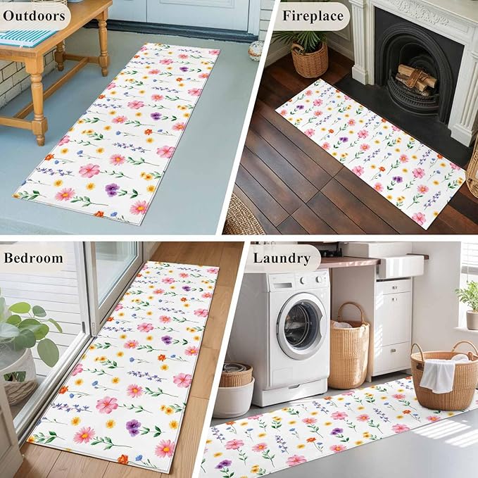 Runner Rug for Bedroom Hallway, Watercolor Farmhouse Flower Kitchen Runner Rugs Area Rug 2x6ft, Yellow Pink Purple Blue Floral Washable Soft Floor Carpet for Entryway Stair