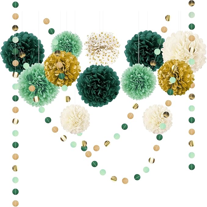 NICROLANDEE Green Wedding Party Decorations - 15 PCS Green Tissue Paper Pom Poms, Dots Paper Garland for Neutral Baby Shower, St. Patrick's Day Party, Birthday, Bridal Showers, Rustic Wedding Decor