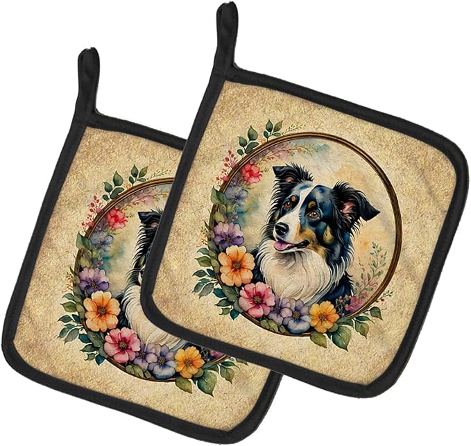 Caroline's Treasures Border Collie and Flowers Pair of Pot Holders Kitchen Heat Resistant Pot Holders Sets Oven Hot Pads for Cooking Baking BBQ, 7 1/2 x 7 1/2