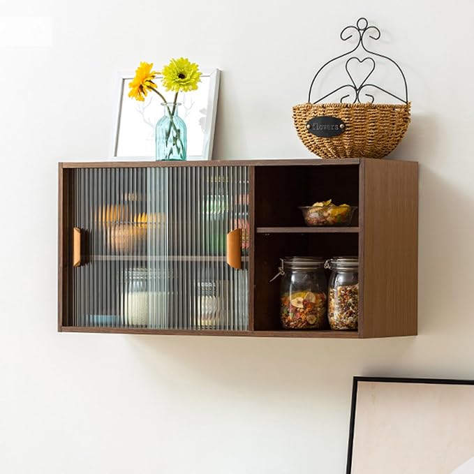 Countertop Kitchen Pantry Cabinet,Bamboo Wall Sideboard with Sliding Glass Doors,Pantry Cabinet for Kitchen, Living Room,Dinning,Bedroom,Walnut,31.5" W