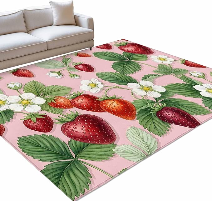Area Rug 3x5ft, Summer Strawberry Bush on Pink Washable Rugs for Living Room Bedroom, Forest Green Foliage Soft Non-Slip Area Rugs Rectangle Floor Carpet for Dining Room