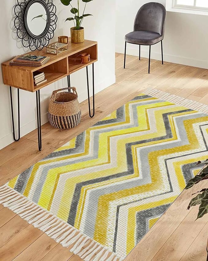 Kitchen Runner Rugs, Yellow Gray Gradient Zigzag Stripe 3'x5' Throw Rug with Tassels, Nordic Style Abstract Art Washable Soft Floor Carpet Runner for Hallway Bedroom Bathroom Laundry Room