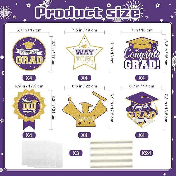 2026 Graduation Party Decorations - 24 Pcs Class of 2026 Congrats Grad Table Centerpieces Graduation Table Decorations Sticks Table Toppers for Graduation Party (Purple Gold)