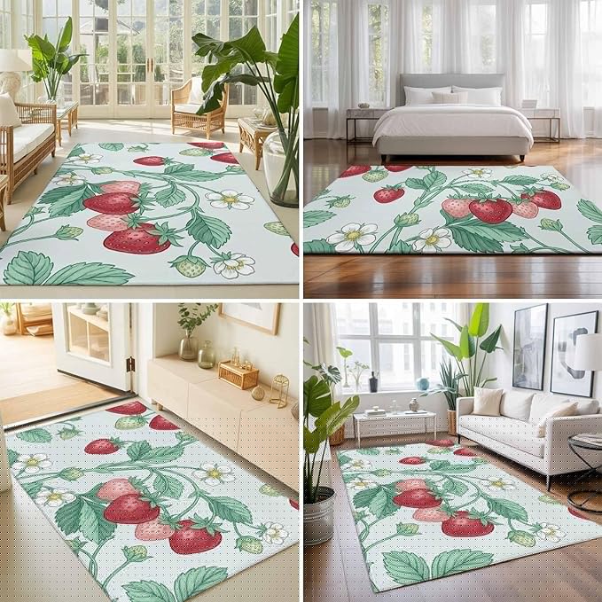 Area Rug 8x10ft, Strawberries White Flowers Washable Rugs for Living Room Bedroom, Rustic Garden Botanical Soft Non-Slip Area Rugs Rectangle Floor Carpet for Dining Room