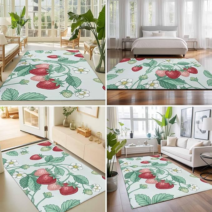 Area Rug 9x12ft, Strawberries White Flowers Washable Rugs for Living Room Bedroom Rectangle Floor Carpet, Rustic Garden Botanical Soft Non-Slip Area Rugs for Dining Room