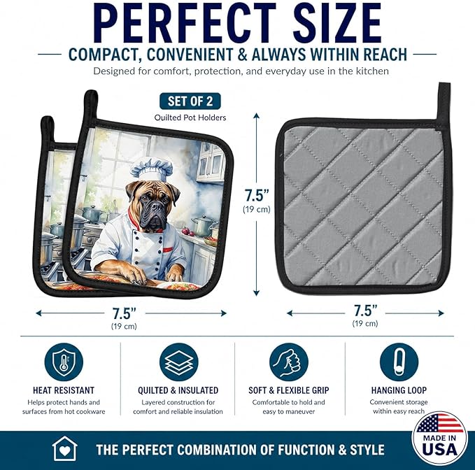 Caroline's Treasures Bullmastiff The Chef Pair of Pot Holders Kitchen Heat Resistant Pot Holders Sets Oven Hot Pads for Cooking Baking BBQ, 7 1/2 x 7 1/2