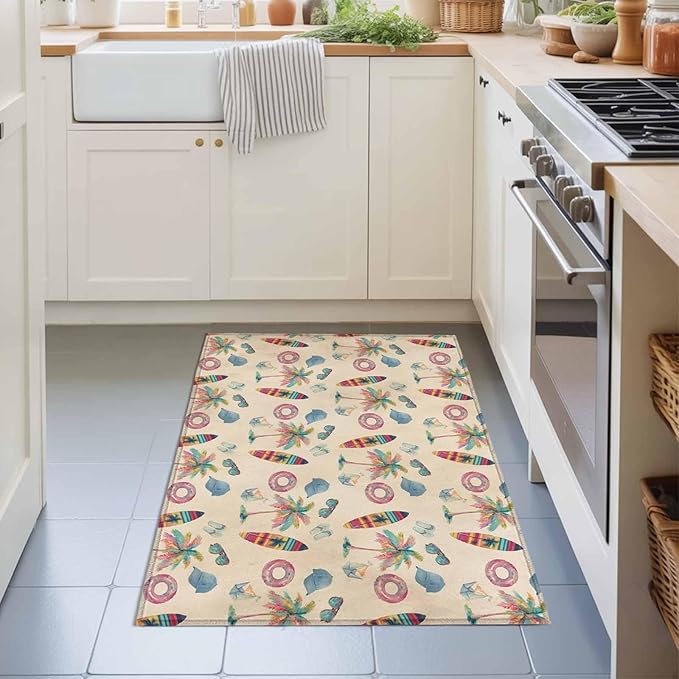 Area Rug 2x3ft, Summer Surfboard Coconut Tree Washable Rugs for Living Room Bedroom, Coastal Vintage Plants Soft Non-Slip Area Rugs Rectangle Floor Carpet for Dining Room